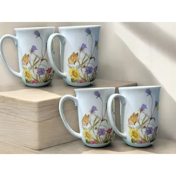 Rare 1975 Set Of 4 Enesco Nature Garden Society Butterfly Garden Mug Tea Cups - Picture 2 of 5
